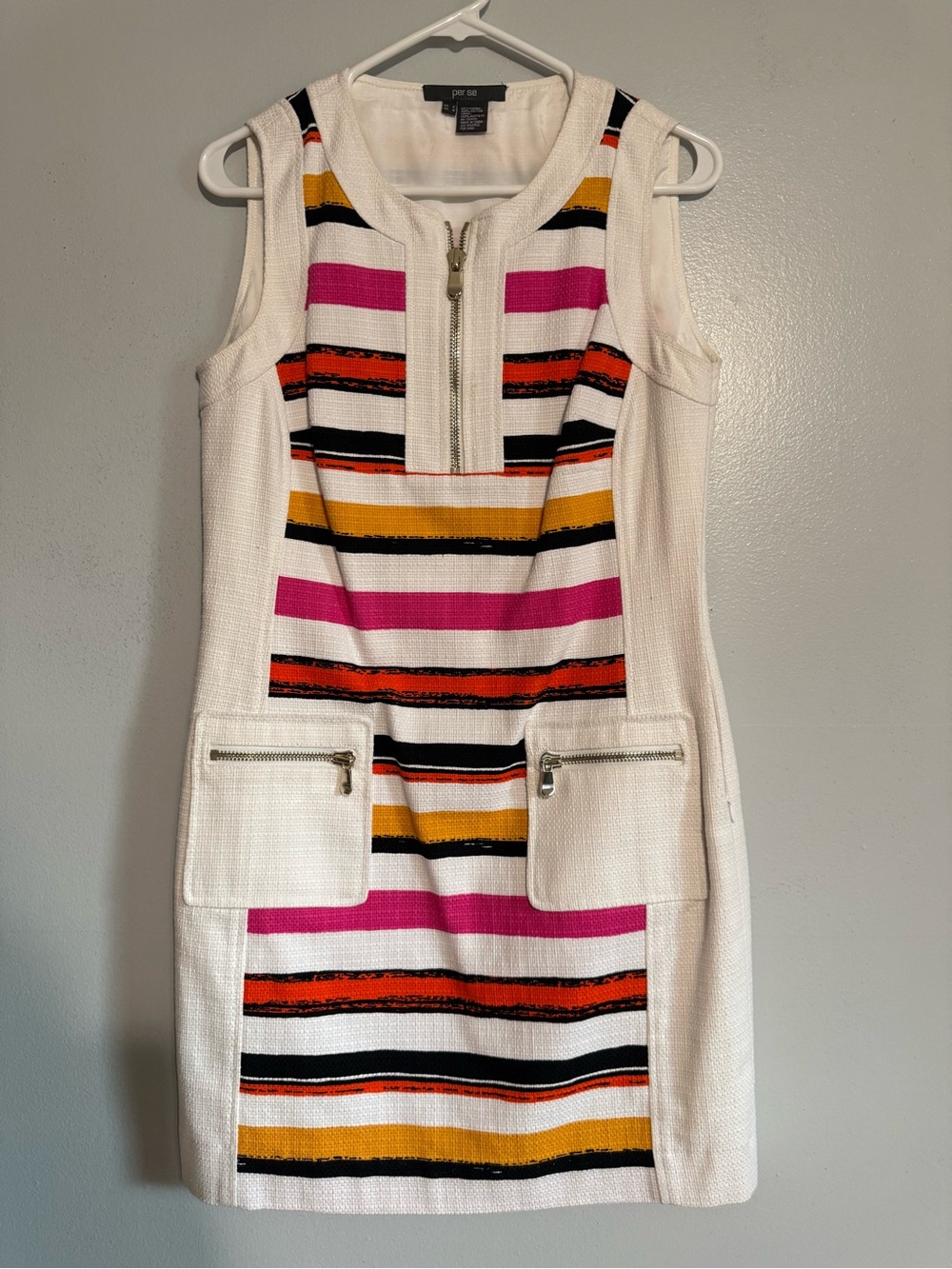 Per Se White Mini Dress with Pink, Orange, Black & Mustard Stripes